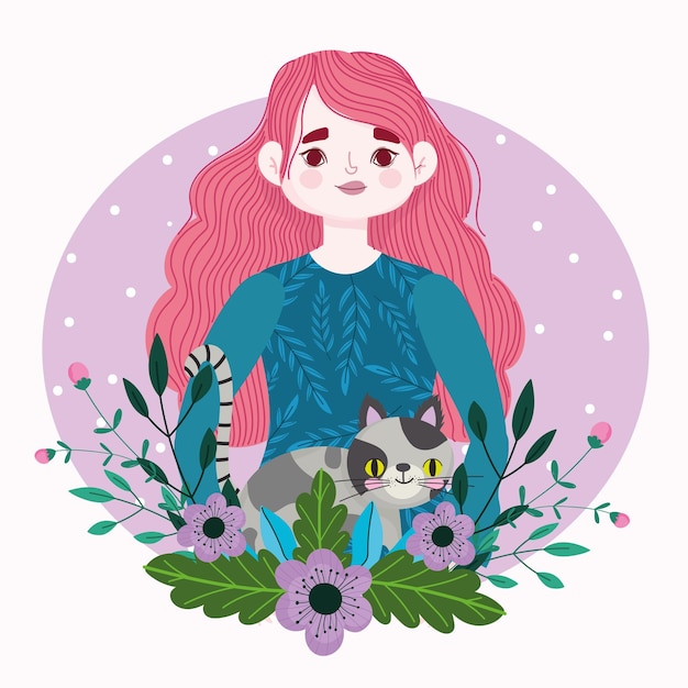 斑点のある猫ペット動物と花の漫画イラストを持つ美女