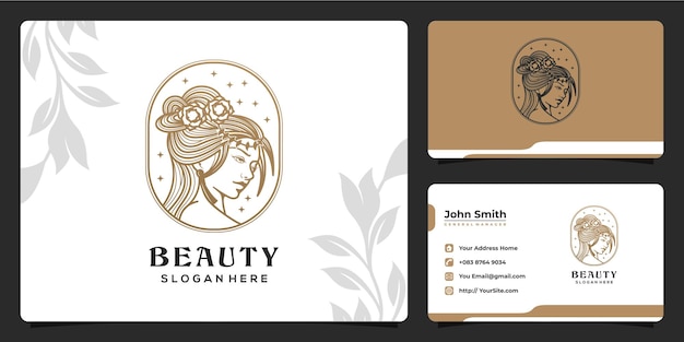 Beauty women monoline luxury logo design and business card template