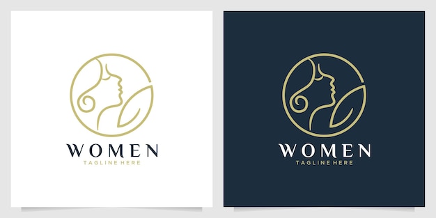 Beauty women with leaf line art logo design