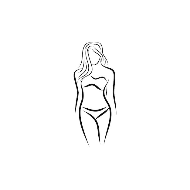 向量美丽年轻的女孩走艺术线条轮廓与泳装内衣标志设计矢量插图