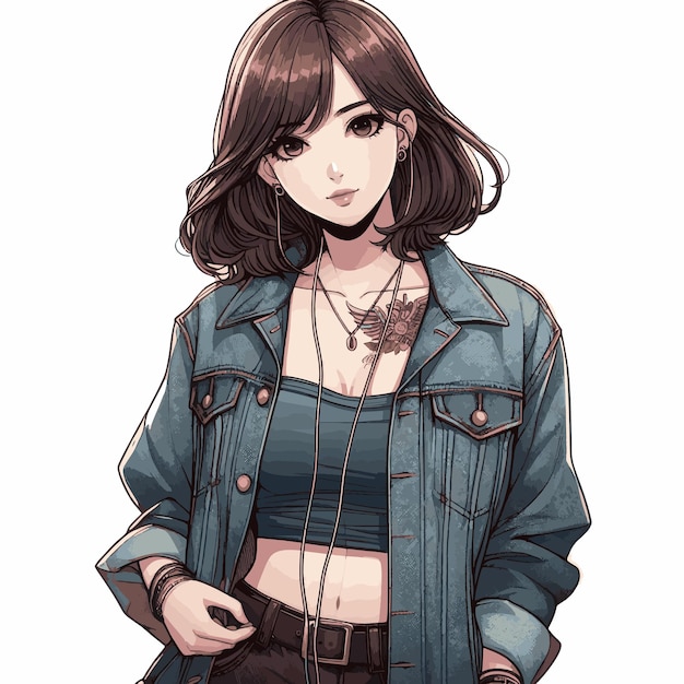 Красивая девушка из манги с иллюстрацией на джинсовой куртке