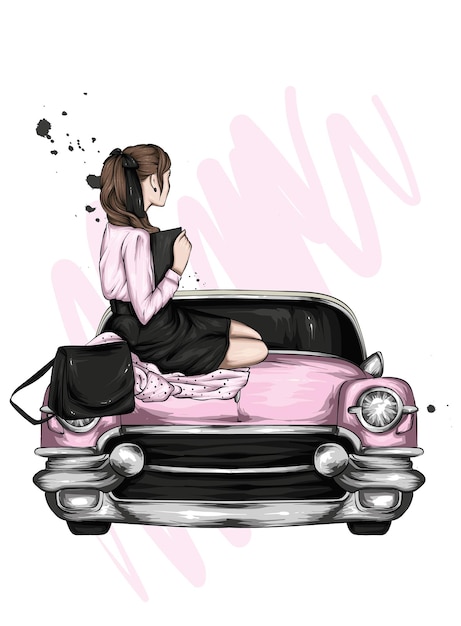 Vector beautyful girl in stylish clothes and vintage car