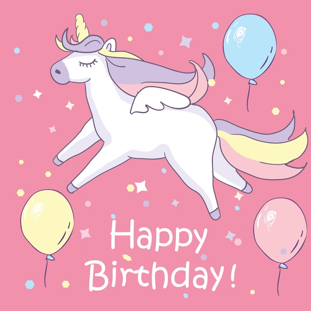 Unicorno di bellezza. su sfondo rosa con baloons e testo di buon compleanno.