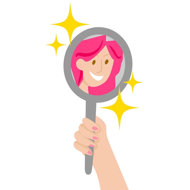 Beautyful woman,girl, female with pink hair looking in the mirror.