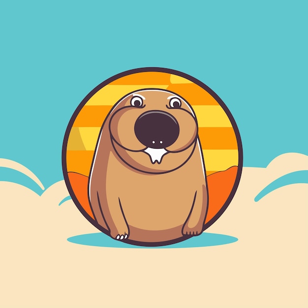 Beaver on the beach Vector illustration in flat cartoon style