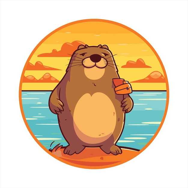 Beaver Cute Funny Cartoon Kawaii Waterverf Strand Zomer zonsondergang Dieren Huisdieren Sticker Illustratie