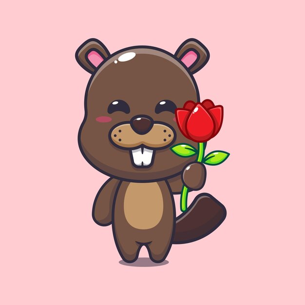 beaver holding rose flower cartoon vector illustration