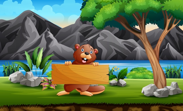 A beaver holding a wooden sign in nature background