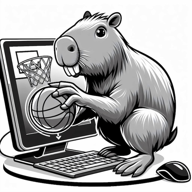 Vector a beaver is using a computer with a mouse on the screen