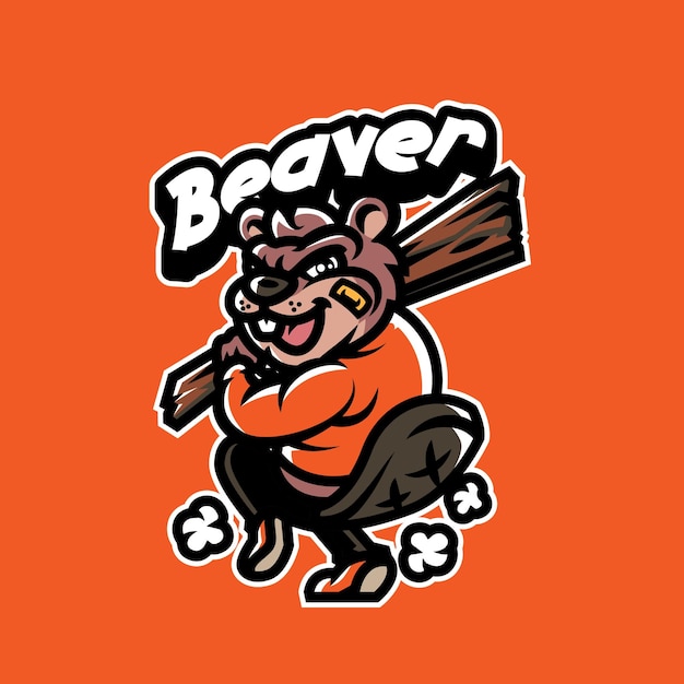 Vettore modello di logo della mascotte del castoro per lo sport e la squadra di gioco isolata sullo sfondo arancione