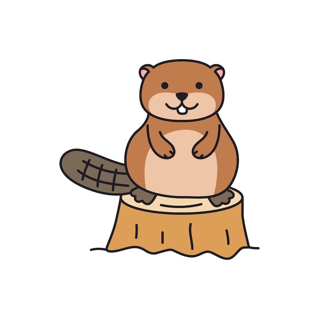 Beaver sitting on a stump Vector illustration in cartoon style