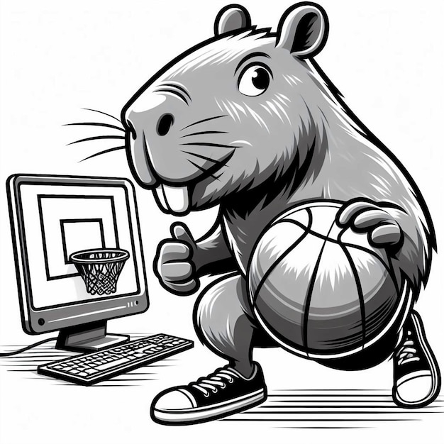 a beaver with a basketball in his hand and the basketball in the background