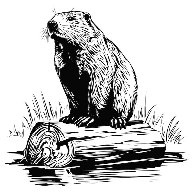 Beaver woodcut style drawing vector illustration