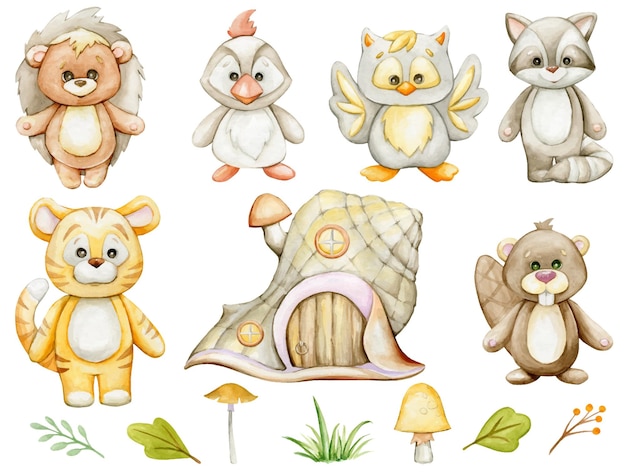 Beaver woodpecker tiger hedgehog owl raccoon mushrooms house plants cute forest animals in cartoon style watercolor set