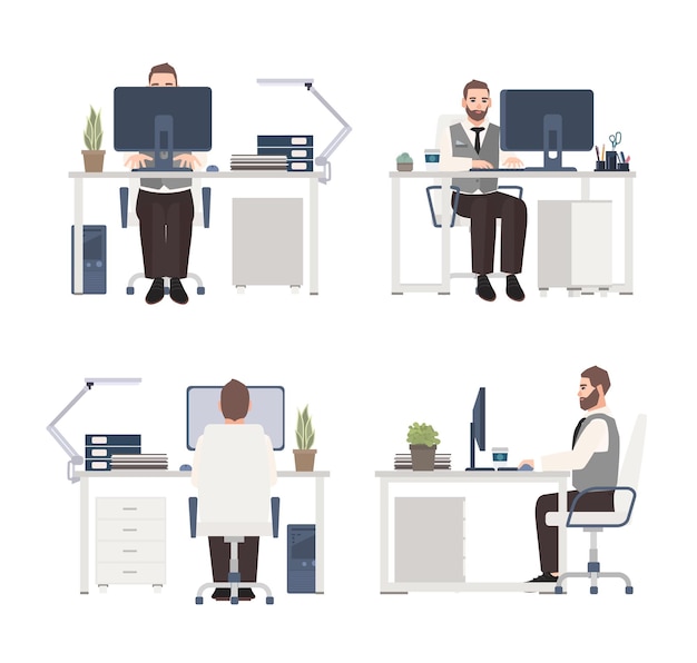 Bebaarde man aan het werk op de computer op de werkplek. mannelijke bediende of manager achter bureau. platte stripfiguur geïsoleerd op een witte achtergrond.
