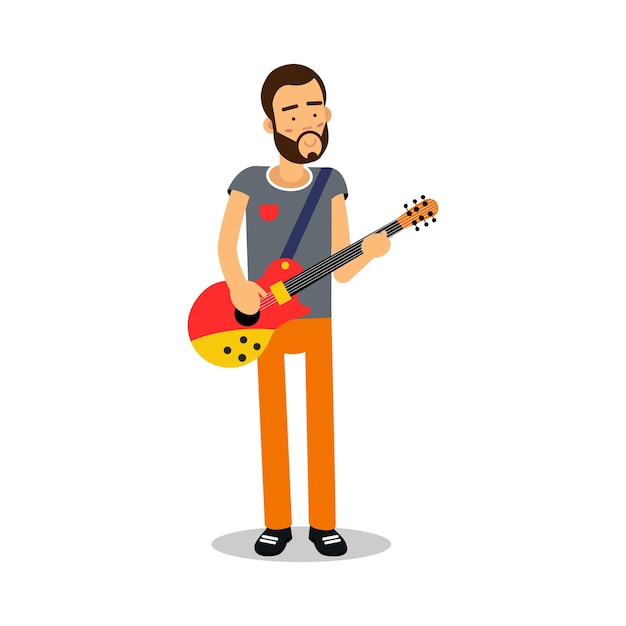 Bebaarde man gitaar spelen tijdens concert stripfiguur vector illustratie geïsoleerd op een witte background