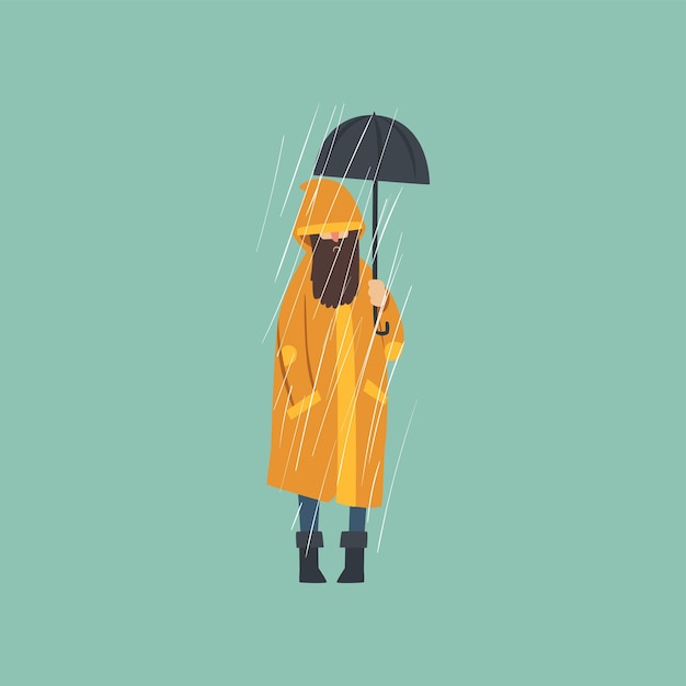 Vector bebaarde man in oranje regenjas met paraplu over herfst regen vector illustratie, vlakke stijl