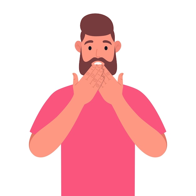 Bebaarde man in roze t-shirt geschokt mond bedekken met hand voor fout Uitdrukking van angst bang in stilte geheim concept Vector illustratie