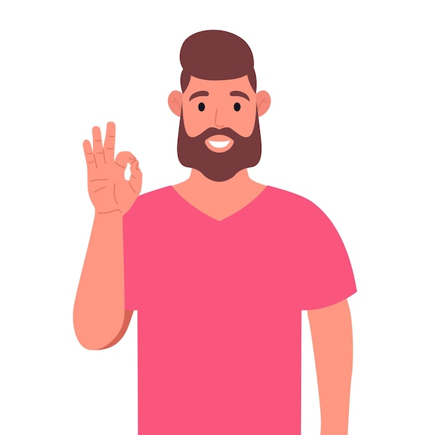 Bebaarde man in roze t-shirt met ok gebaar De gelukkige man drukt zijn positieve emoties uit Vector illustratie