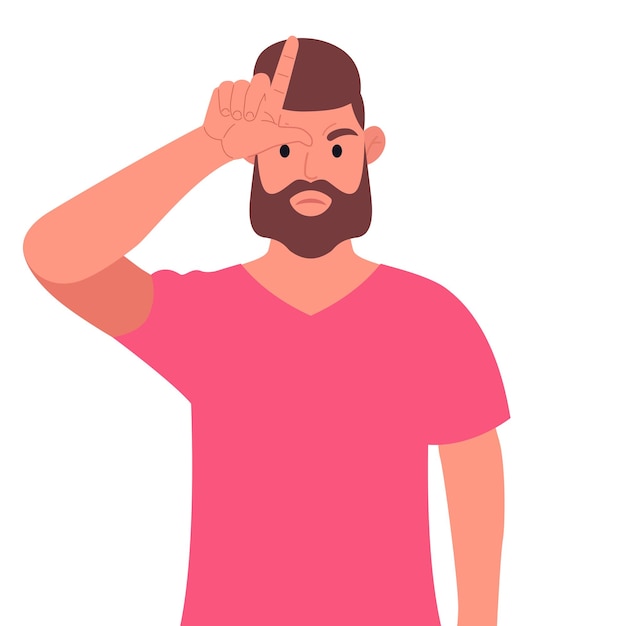 Vector bebaarde man in roze t-shirt met verliezer teken op voorhoofd met vingers vector illustratie