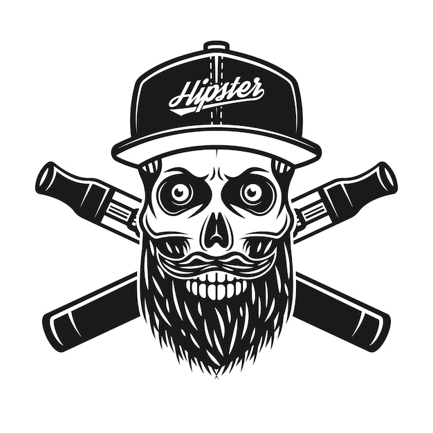 Bebaarde schedel van hipster in Baseballpet en twee gekruiste elektronische sigaretten vectorillustratie in vintage zwart-wit stijl geïsoleerd op een witte achtergrond