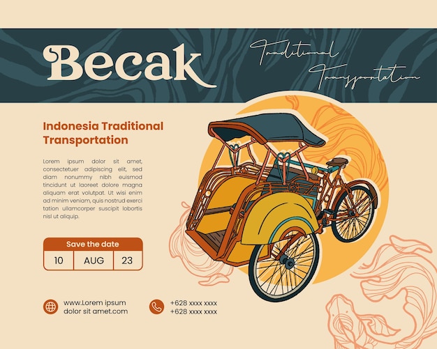 Vector becak traditional transportation hand drawn illustration for social media post