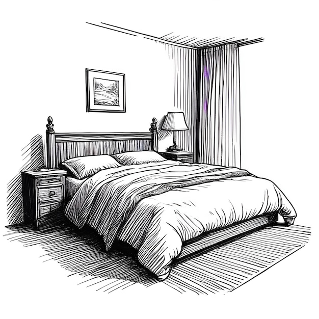 침대 잉크 스케치 그림 흑백 조각 스타일 터 일러스트레이션