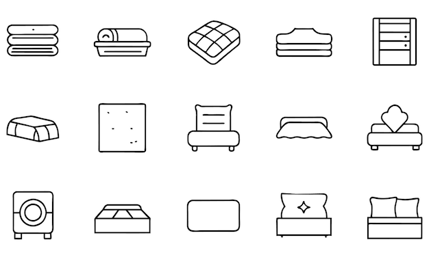 Set di biancheria da letto con cuscini, icone di contorno del letto modificabili isolate su sfondo bianco