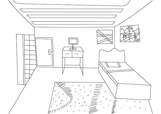 침실 인테리어 라인 아트, 흰색 배경에 가구와 개요 스케치 디자인 그림