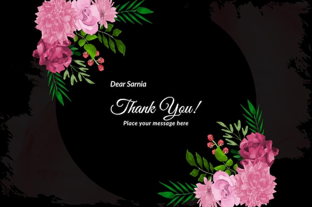 Bedankkaart met roze rozen en groene bladeren met waterverf gratis vector