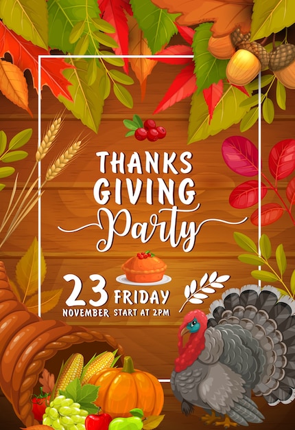 Vector bedankt. feestje met pompoen, taart met cranberry en kalkoen. uitnodiging voor thanksgiving day-viering, cartoon kaart met hoorn des overvloeds, esdoorn, berken, populier en eikenbladeren met gewas