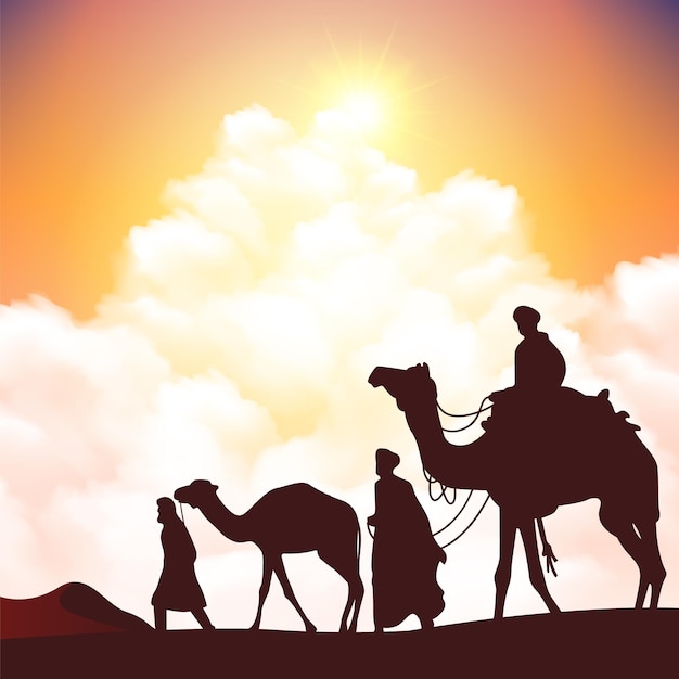 Vector bedouins and camels in desert dunes under sunset sky illustration. islamic landscape background