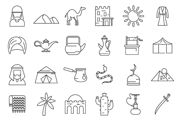 Bedouins icons set outline vector Arab desert Camel town