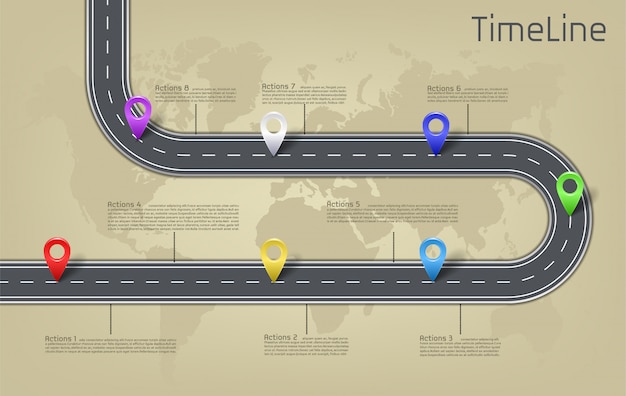 Bedrijf zakelijke auto weg op wereldkaart mijlpaal, tijdlijn bedrijfspresentatie lay-out