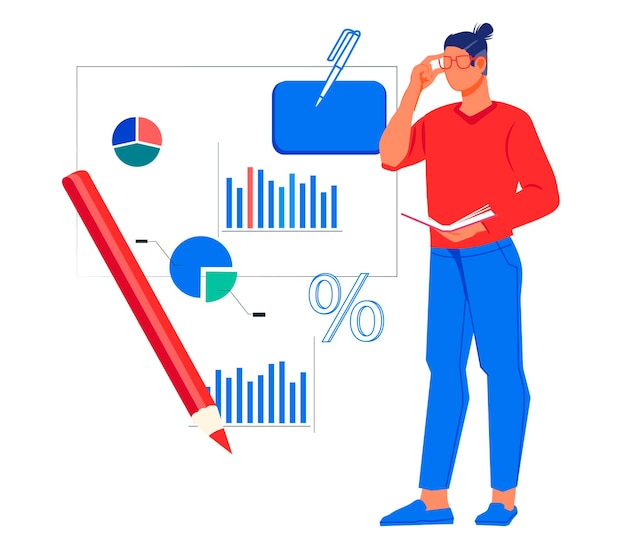 Bedrijfsanalist of accountant die financiële statistieken analyseert, rapporteert platte vector