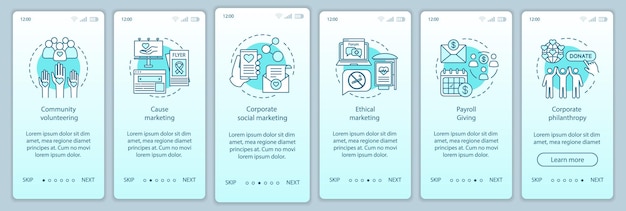 Bedrijfsbeleid onboarding mobiele app pagina scherm vector sjabloon. MVO walkthrough website stappen. Vrijwilligerswerk, cause marketing, salarisadministratie, filantropie. UX, UI, GUI smartphone-interfaceconcept