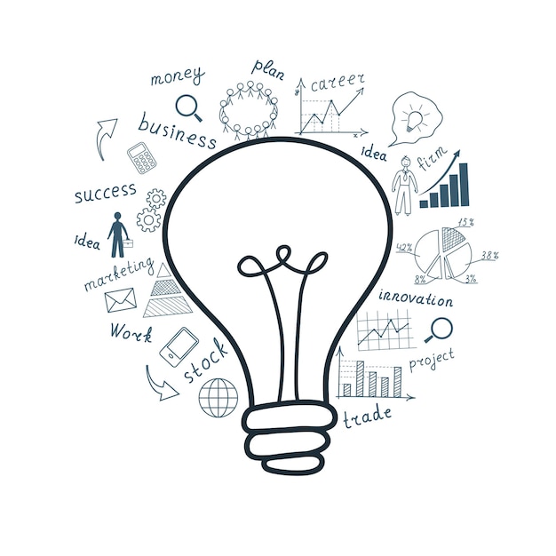 Bedrijfsconcept gloeilamp met tekening bedrijfssucces strategie plan idee vector illustratie