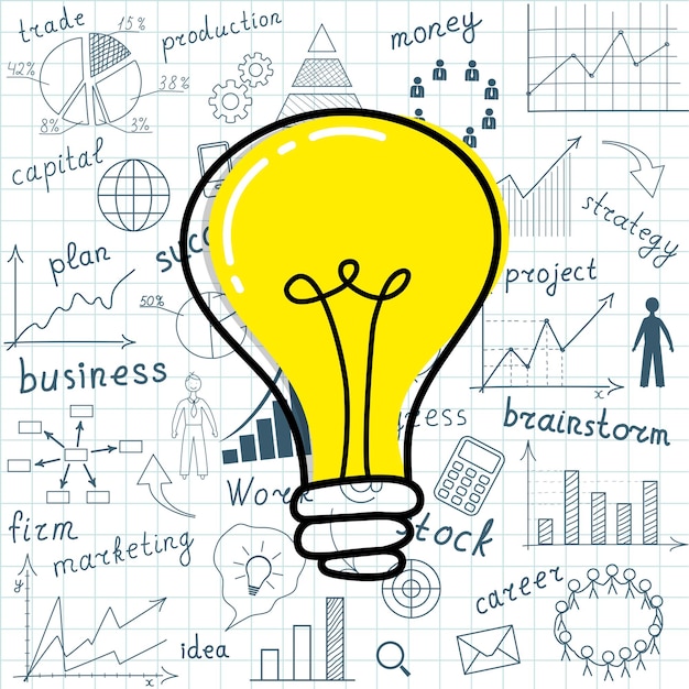 Bedrijfsconcept gloeilamp met tekening bedrijfssucces strategie plan idee Vector