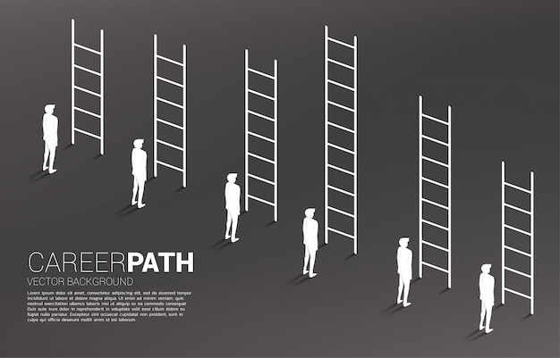 Bedrijfsconcept van concurrentie en uitdaging. silhouet van zakenmangroep met diverse hoge ladder.