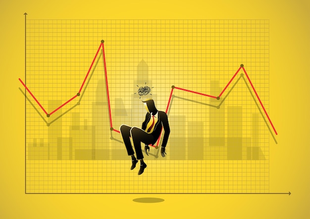 Bedrijfsconceptenillustratie van een gestresste zakenman gaat onder de neerwaartse pijl op de kaart zitten