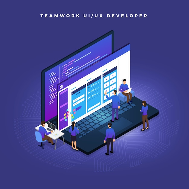 Bedrijfsconceptteamwork van mensen die ui / ux-ontwikkeling werken