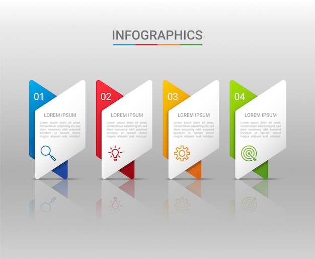 Bedrijfsgegevensvisualisatie, infographic malplaatje met stappen op grijze achtergrond, illustratie