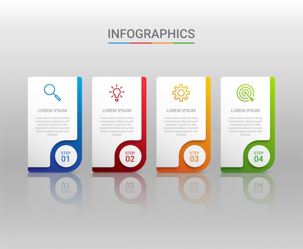 Bedrijfsgegevensvisualisatie, infographic malplaatje met stappen op grijze achtergrond, illustratie