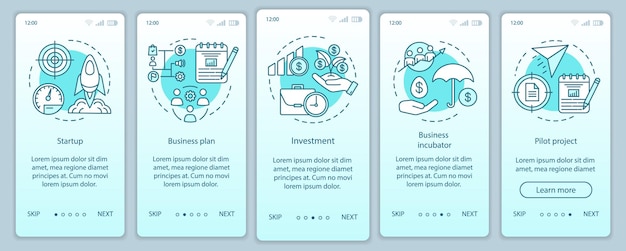 Bedrijfsindustrie onboarding mobiele app paginascherm met lineaire concepten. Opstarten, projectstart walkthrough stappen grafische instructies. UX, UI, GUI vectorsjabloon met illustraties