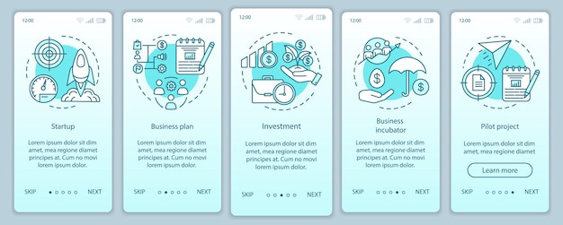 Bedrijfsindustrie onboarding mobiele app paginascherm met lineaire concepten. opstarten, projectstart walkthrough stappen grafische instructies. ux, ui, gui vectorsjabloon met illustraties