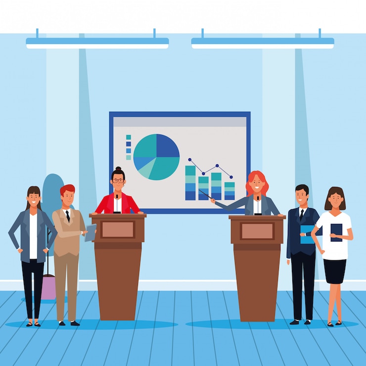Vector bedrijfsmedewerker in conferenties
