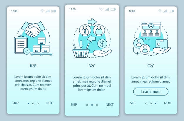 Bedrijfsmodellen onboarding mobiele app pagina scherm vector sjabloon. B2B, B2C, C2C. walkthrough website stappen met lineaire illustraties. Marketing campagne. UX, UI, GUI smartphone-interfaceconcept