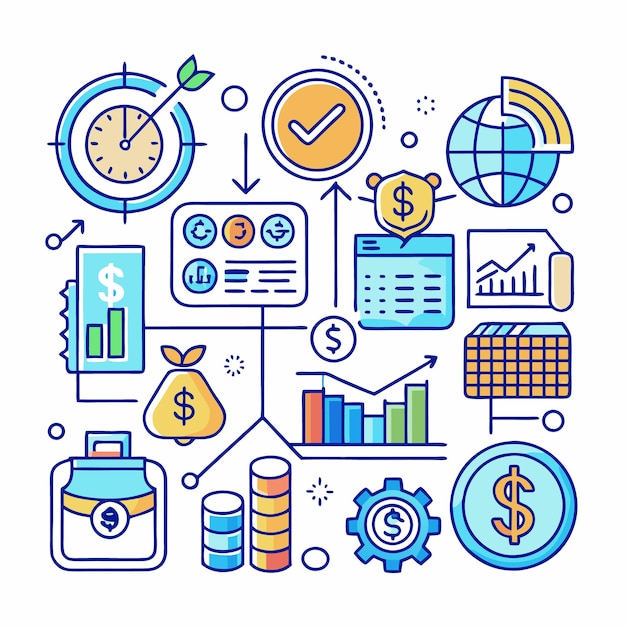 Bedrijfsplan met iconen van financiën, groei en tijd