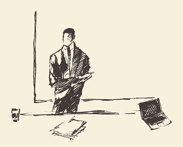Bedrijfspresentatie, zakenman die copyspace voorstelt. Concept vectorillustratie, schets