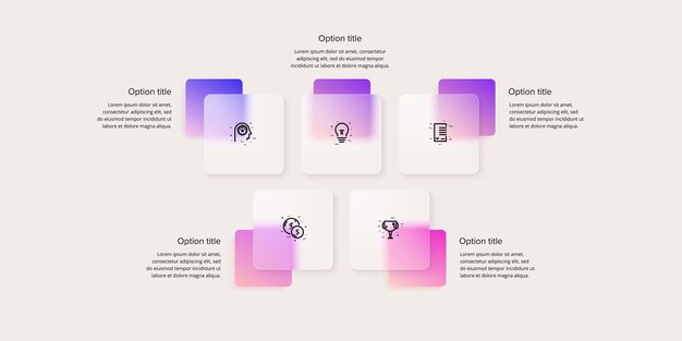 Bedrijfsprocesgrafiekinfographics met 5 stapvierkanten. rechthoekige zakelijke workflow grafische elementen. bedrijfsstroomdiagram presentatie dia. vector info afbeelding in glasmorfisme ontwerp.